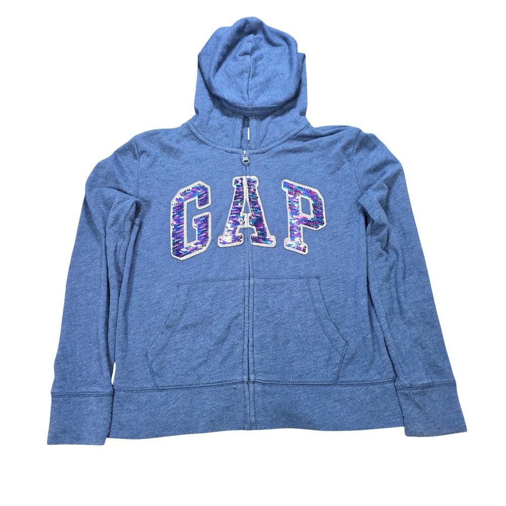 Gap Kids Sequin Logo Full Zip Hoodie Sweatshirt Girl's Size XL 12 Blue Pockets